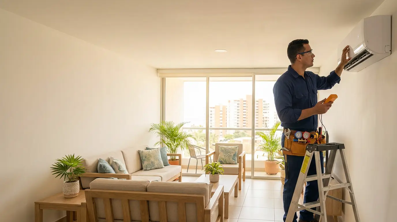 Técnico ilustrativo atendiendo un equipo de aire acondicionado en una vivienda